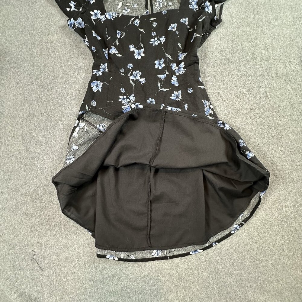 Floral Mini Dress Womens M Black Blue Fit Flare Cutout Back Square Neck - Picture 9 of 12